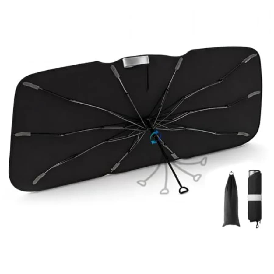 Parasole a Ombrello per Parabrezza Auto, Protezione Interna, Scudo Termico Rivestito in Vinile Nero, Struttura con Bordo a Molla per Facile Installazione