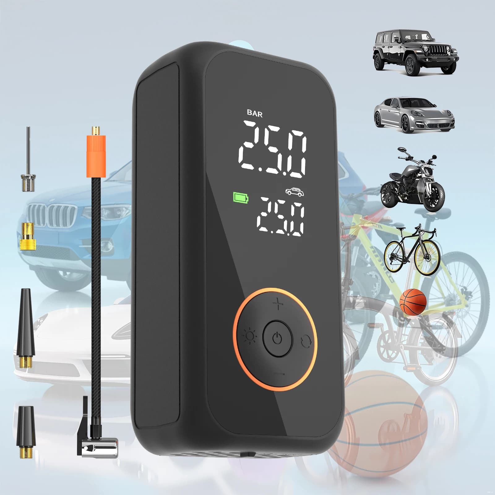 Compressore d'aria portatile senza fili, mini pompa per biciclette, 150 PSI, pompa per pneumatici auto con luci LED e manometro