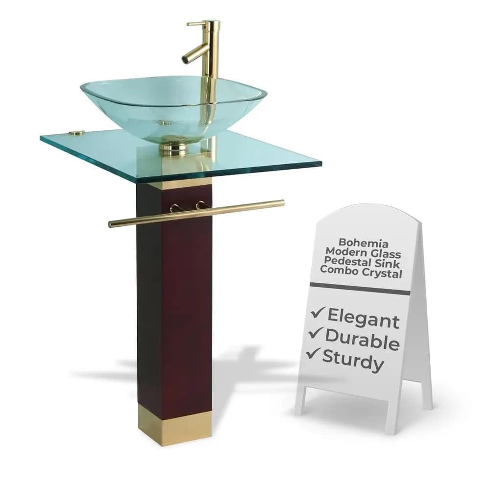 Lavabo a colonna in vetro temperato Bohemia con rubinetto dorato, scarico e portasciugamani, lavabo moderno da bagno, 33 H x 235,8 L x 193,4 P