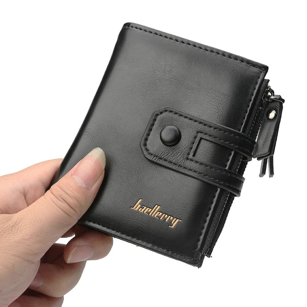Baellerry Portafoglio corto da uomo in PU con bottone a pressione e cerniere in lega Scomparti multipli per carte Borsa bifold compatta per l'uso quotidiano