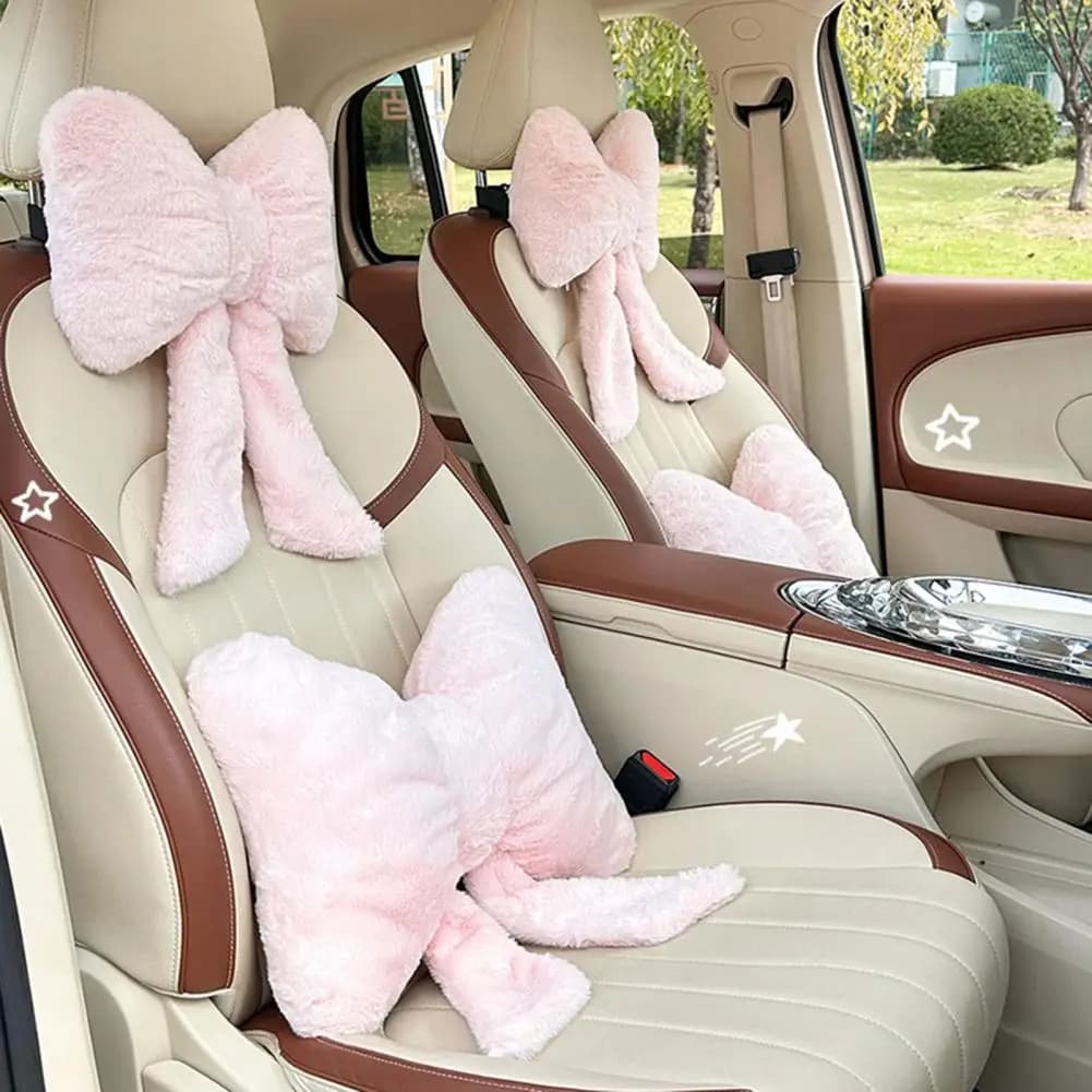 Cuscino per la vita Supporto lombare per auto Cuscino per poggiatesta per auto con fiocco in peluche Cuscino di supporto lombare morbido con fasce elastiche per la guida