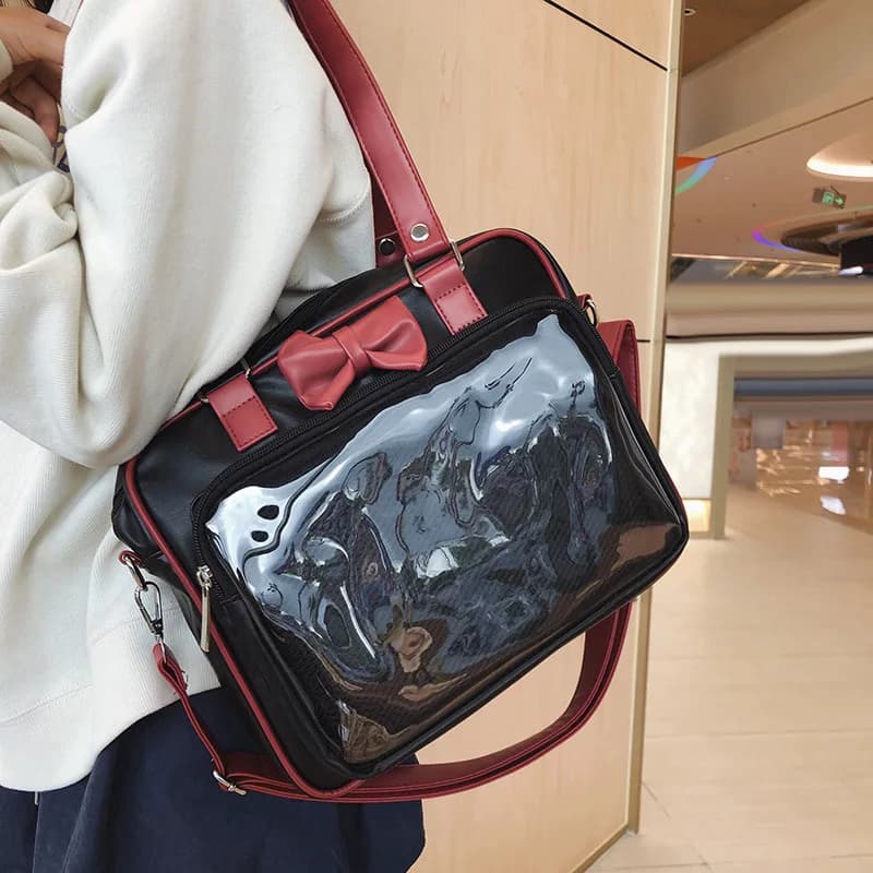 Japanese Kawaii PU Leather Ita Bag For JK Girls Lolita Bowknot Transparent Window Shoulder Tote Handbag Multi-purpose Display Bag