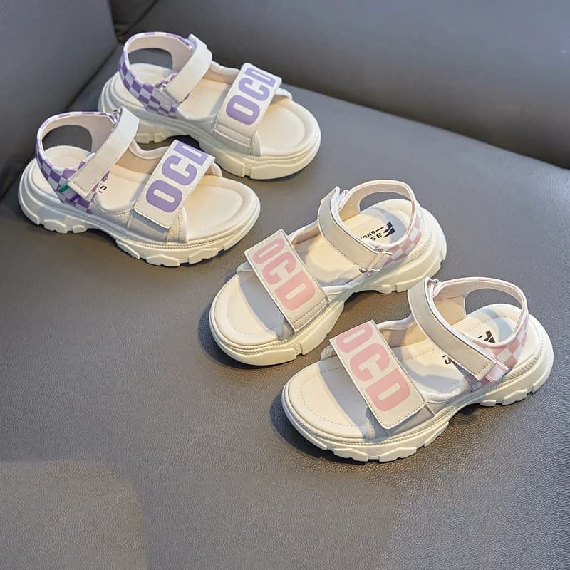 Scarpe casual per bambini, sandali, scarpe estive in pelle PU per ragazze, scarpe rosa viola traspiranti e antiscivolo con chiusura a strappo, taglia 26-38