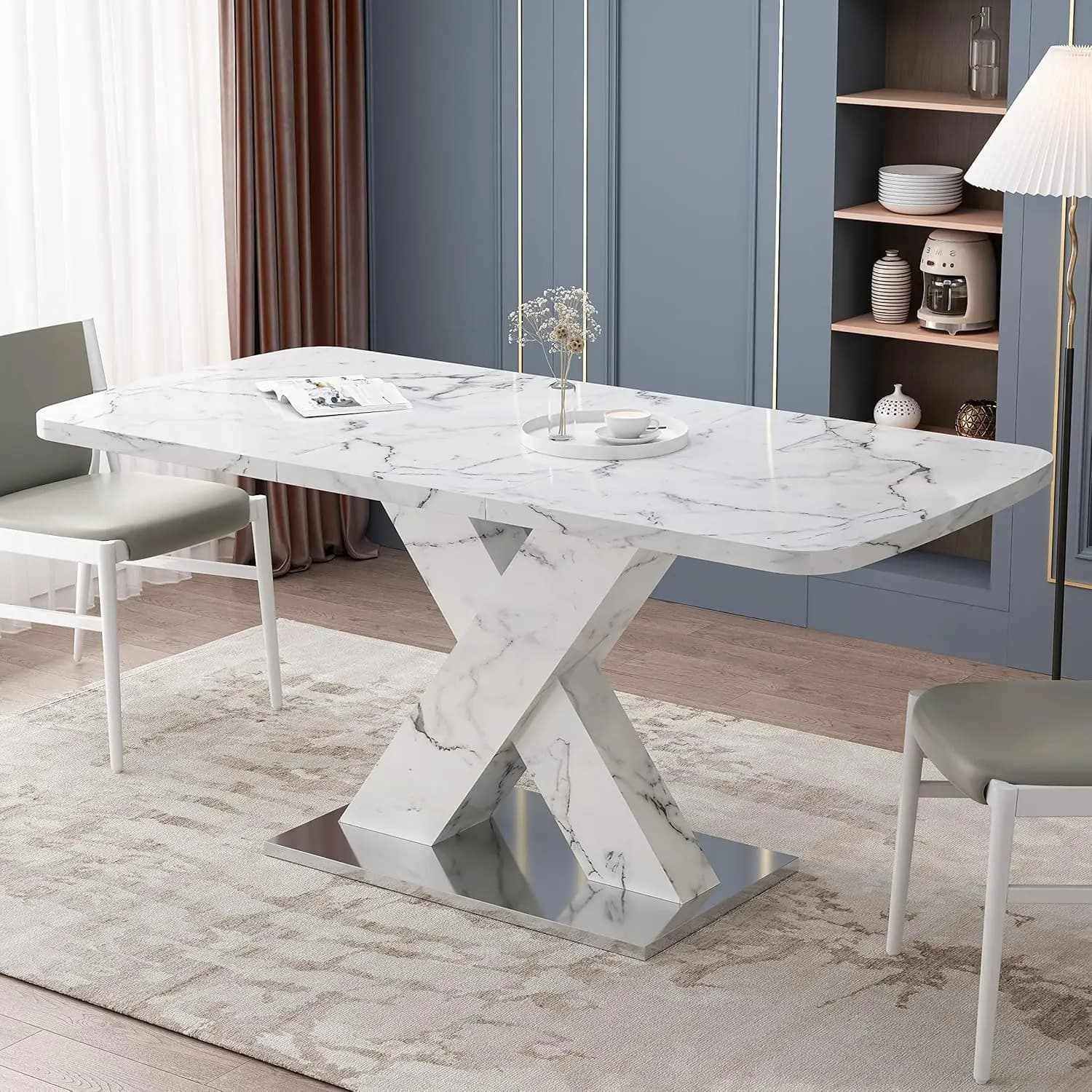 Tavolo da Pranzo Allungabile Moderno 120-160cm, Piano in MDF Effetto Marmo Bianco, Gambe a X in Metallo, per Cucina e Casa, Personalizzabile