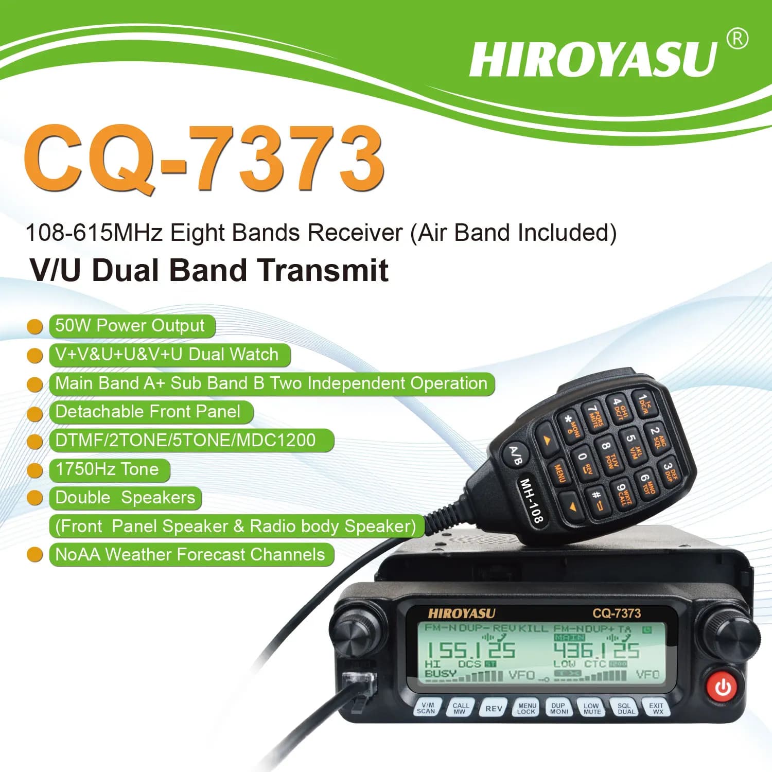 HIROYASU CQ-7373 Walkie Talkie 50W 1000Ch Air Band Otto Bande Rx VU Dual Band Tx Pannello Frontale Staccabile Radio Mobile Amatoriale