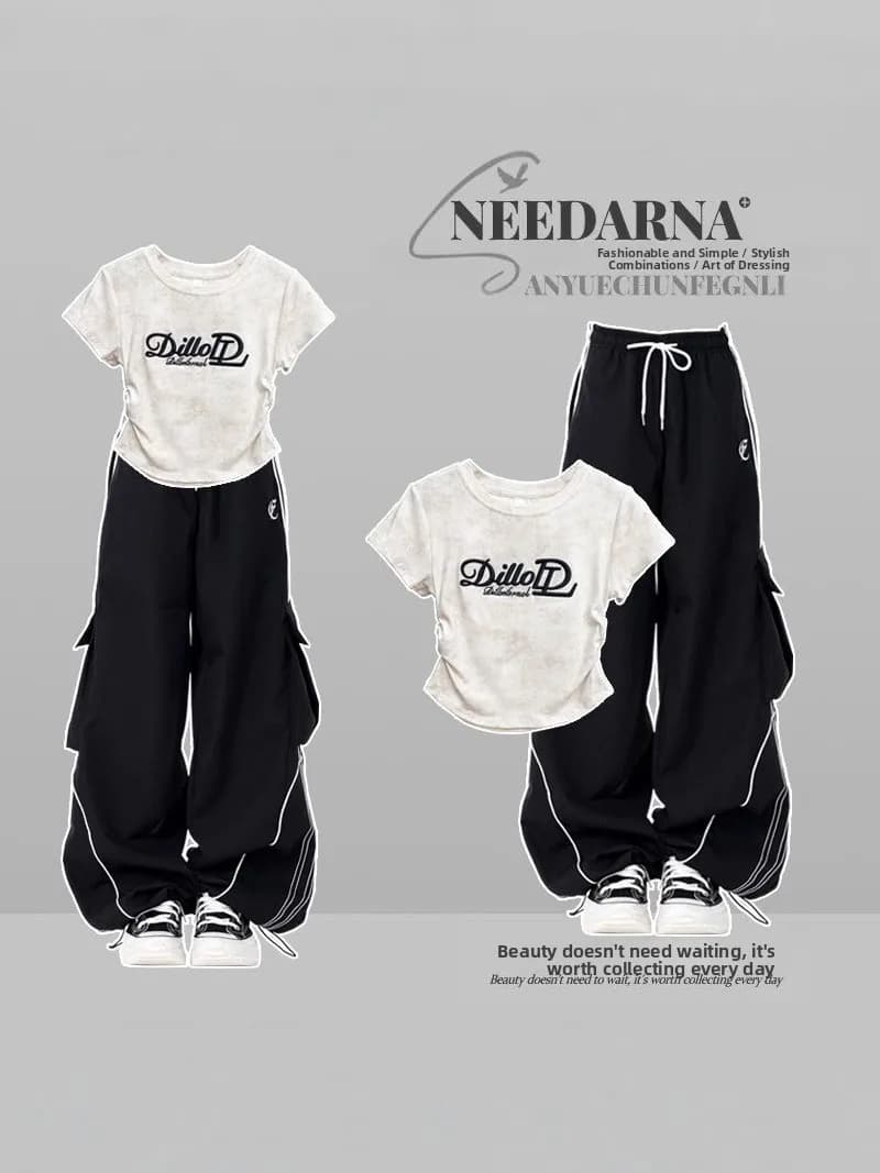 Sweet Cool Sportswear Set Women Summer Design Folded Svel T-irt A-Line Pants Two-Piece Set Faionable Casual Outfit