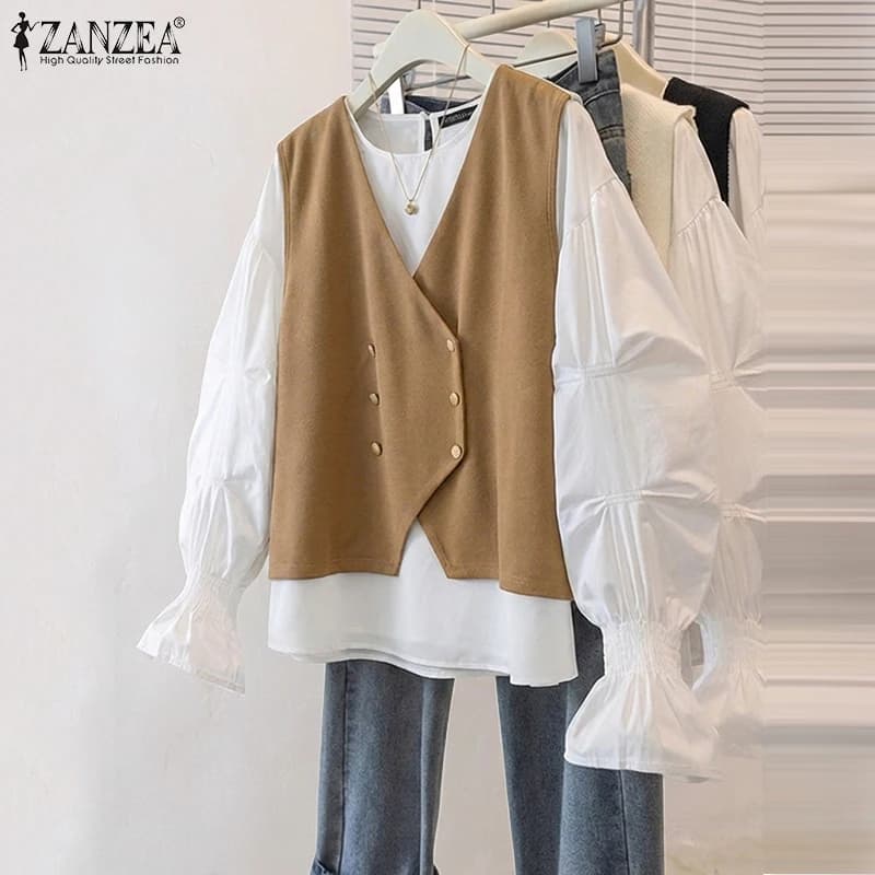 Camicetta da Donna ZANZEA, Camicia a Doppio Petto con Patchwork, Moda Primavera-Autunno 2026, Top Elegante con Maniche a Lanterna Lunghe per Ufficio