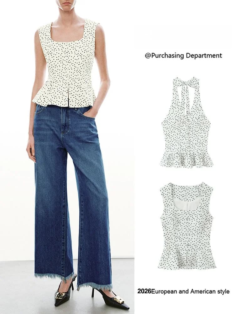 Summer New Polka Dot U-Neck Knot Cover up Shirt Hanging Strap Neckline Women's Fashionable Elegant Casual Blouse