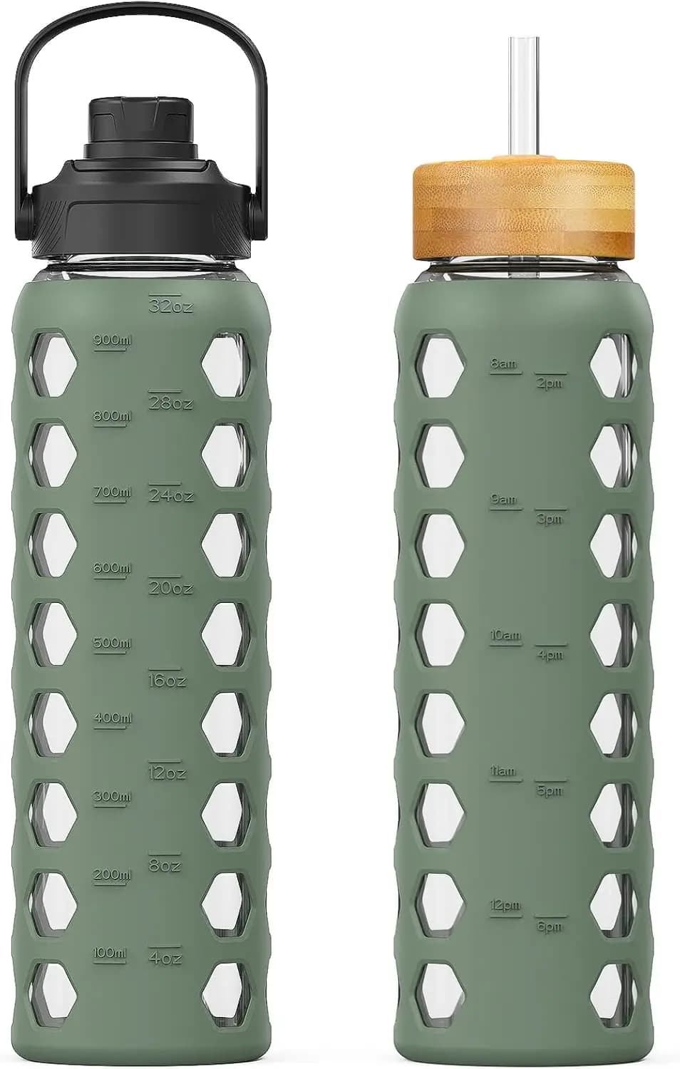 32oz glass water bottle with 2 covers, time indicator and silicone case, olive-shaped design, leak proof