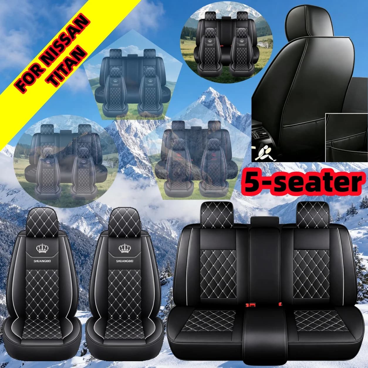 FOR NISSAN TITAN PU Leather 5-Seat All-Season Car Seat Covers, Soft Breathable Cushions, Comfortable Complete Seat Covers Set