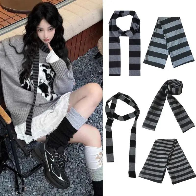 Sciarpa lunga CALDA Sciarpa girocollo a righe punk nere grigie Adolescenti Ragazza anni 2000 Cravatte Skinny Scaldacollo sottile Accessorio avvolgente per il collo