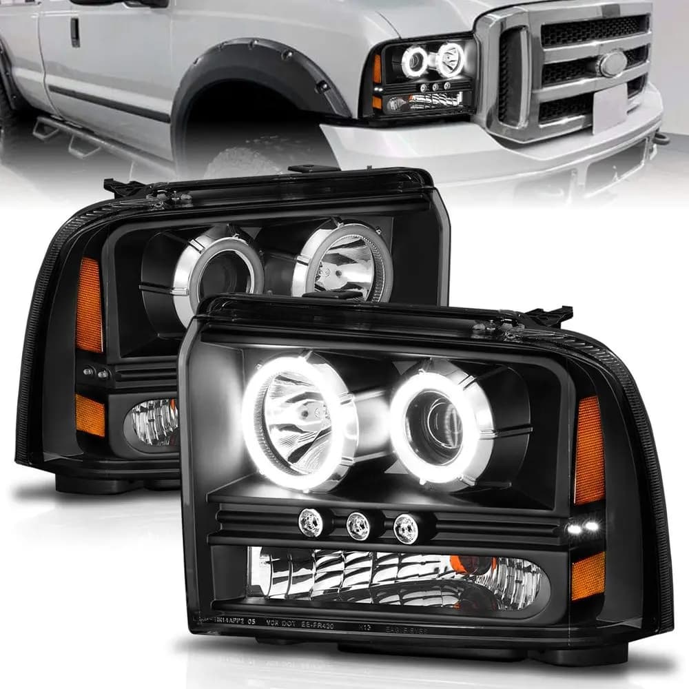 Coppia di fari anteriori a LED con proiettore nero e anello luminoso Halo Xtreme per Ford F250 F350 F450 Superduty 2005-2007 - Lato passeggero e lato guida