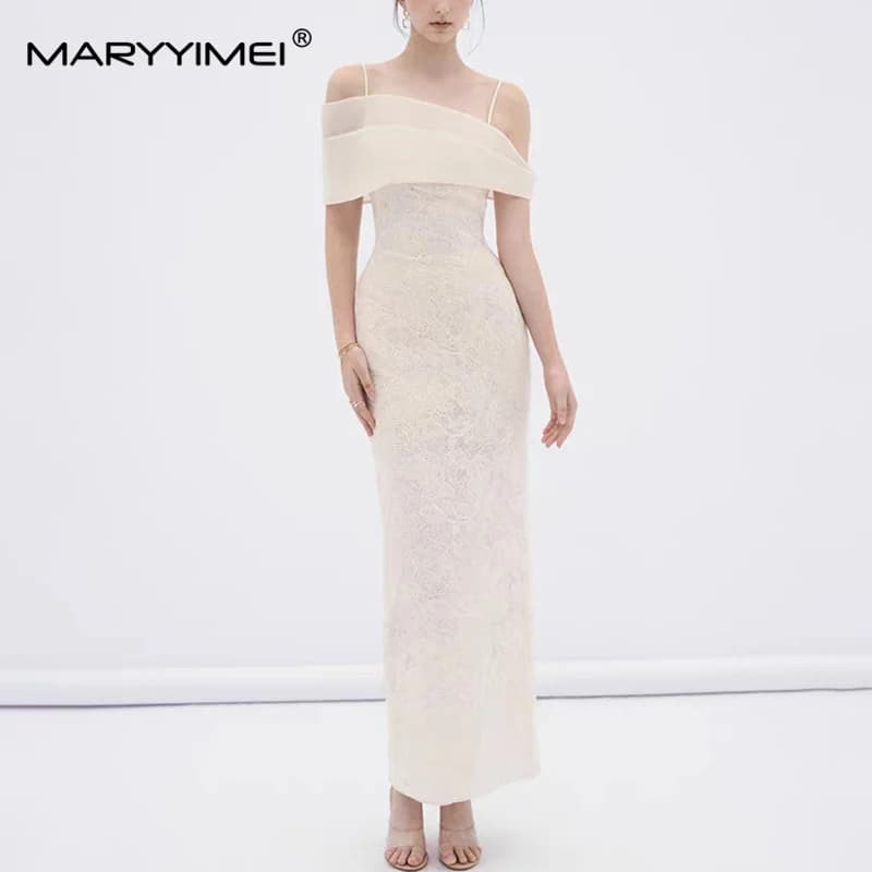 MARYYIMEI Light luxury solid color lace ceremonial dress suspender waist long dress 2026 summer new women's clothing