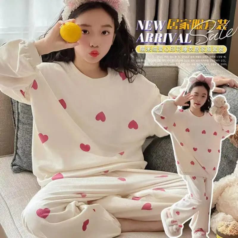 Kawaii Girl Fashion Pijama Set Student Winter Fleece Lining Casual Crew Neck Top Long pants Set of 2 pieces Kids Clothing