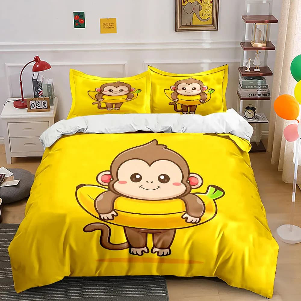 Set di biancheria da letto con decorazioni a forma di scimmia dei cartoni animati, con 1 copripiumino e 2 federe, singolo, matrimoniale, king, queen, regalo