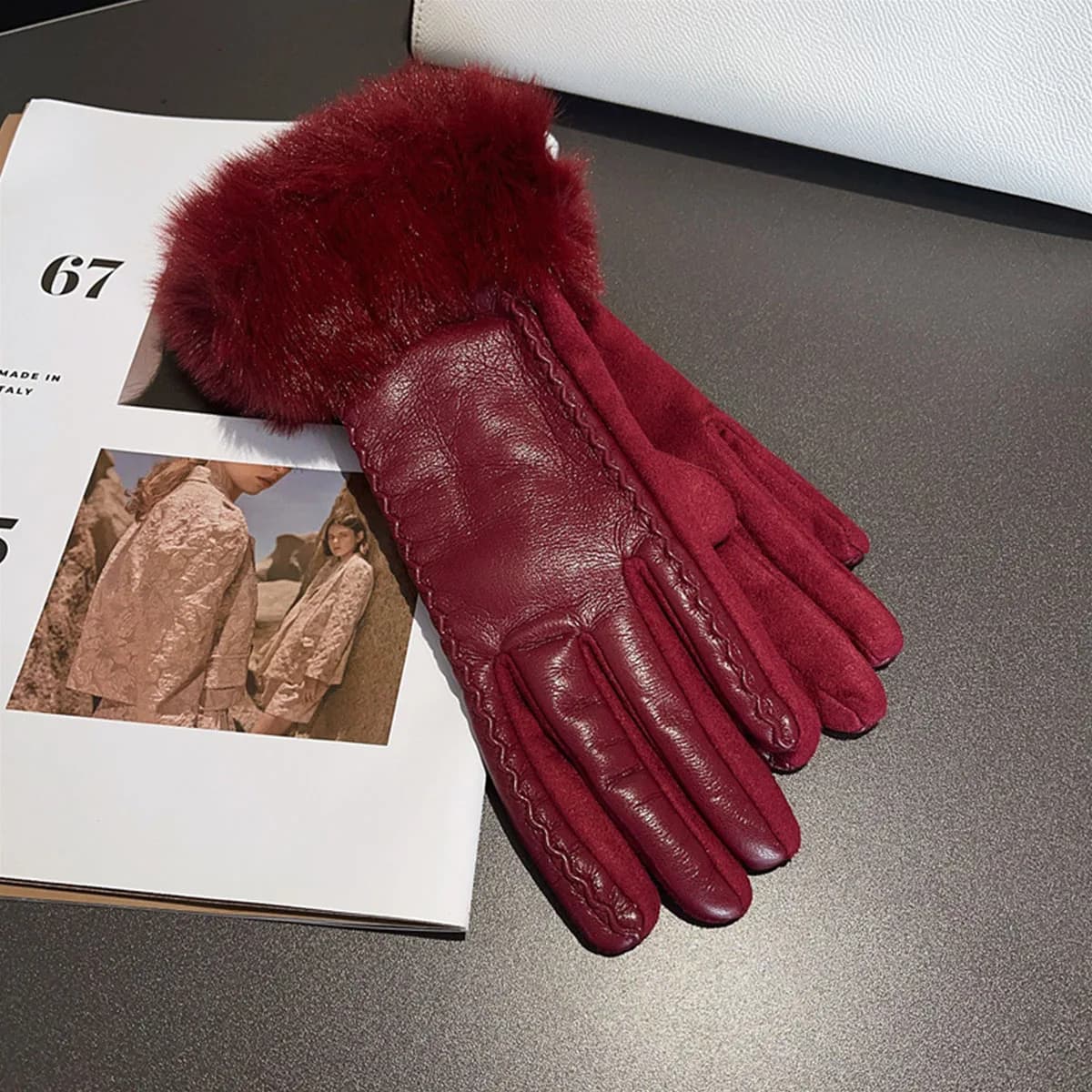 Women's Luxury PU Leather Winter Gloves Soft Wrist Cuff With Fur Finishes Synthetic Fashion Elegant Party Touch Screen Cycling Guide