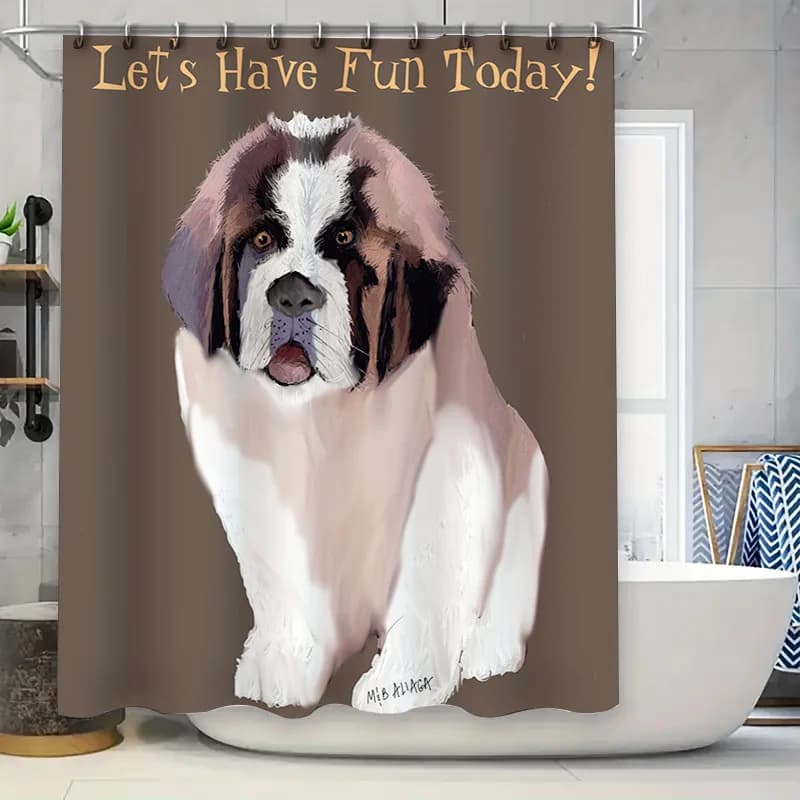 Adorabile tenda da doccia per cani St Bernard, ritratto stampato per animali domestici, per l'arredamento del bagno, sfondo marrone con set vasca bianca