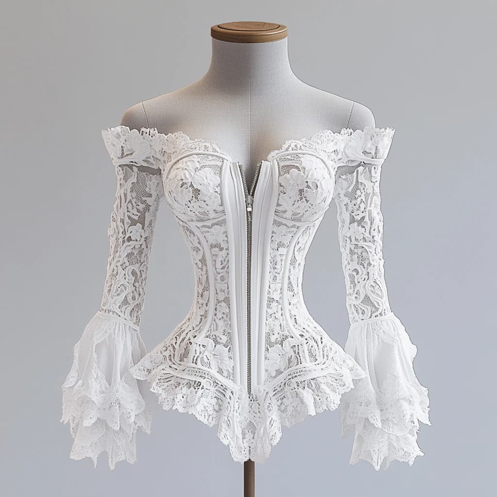 Camicetta in pizzo con spalle scoperte per donna Manica svasata Cerniera Fly Solido Elegante Chic Sexy Scava fuori Top a maniche lunghe Top con orlo irregolare
