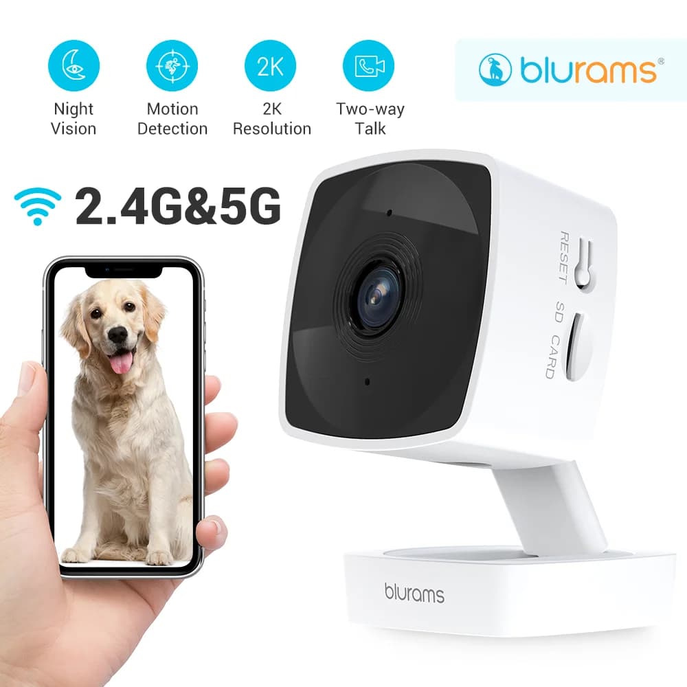 Blurams Telecamera per bambini da 5/2,4 GHz per interni, telecamera di sicurezza per cani da compagnia 2K con app per telefono con rilevamento del movimento AI, conversazione bidirezionale, visione notturna