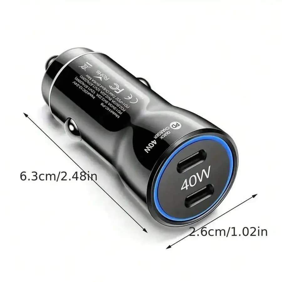 Caricabatterie da auto 40W Dual USB-C PD con Quick Charge 3.0 per telefoni e tablet, ricarica rapida nel veicolo