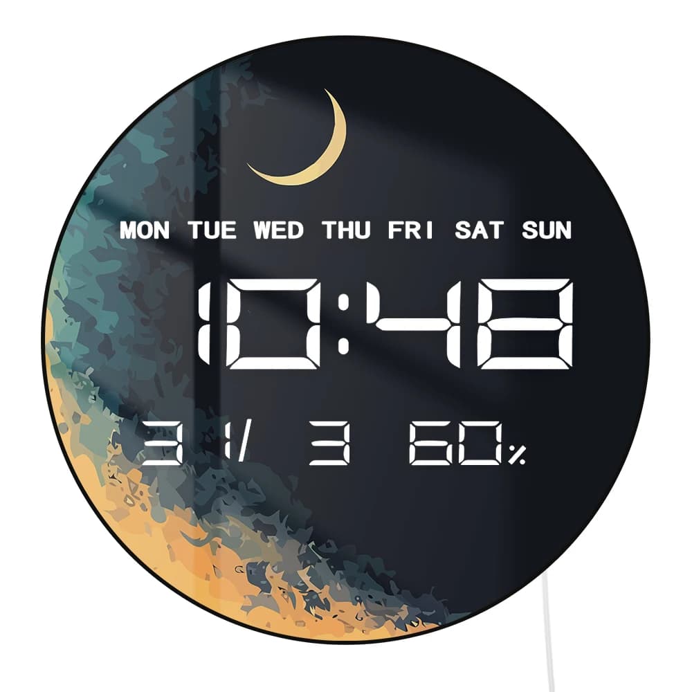 Pianeta con luna Orologio elettronico da parete Uso scrivania Moonlight Home Decor Orologio da parete digitale con display a LED Calendario Temperatura