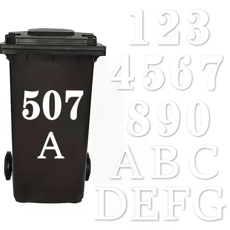 Adesivi per bidoni delle ruote Etichette autoadesive per bidoni della spazzatura Numero PVC 0-9 Lettere Adesivi per griglie per auto da garage Adesivi resistenti alle intemperie
