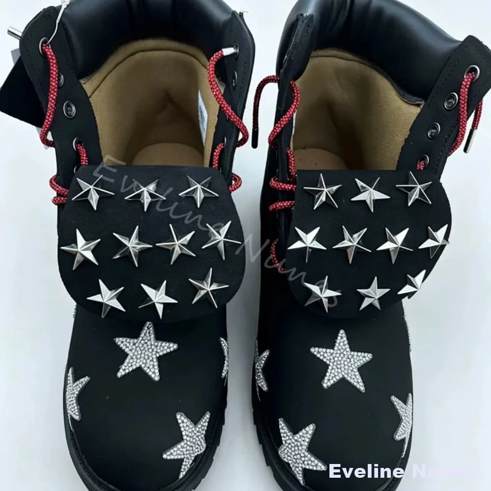 Star Rhinestone Rivet Combat Boots Men Punk Gothic Platform Lace Up Combat Boots Streetwear Daily Party Concert Hiking Boots