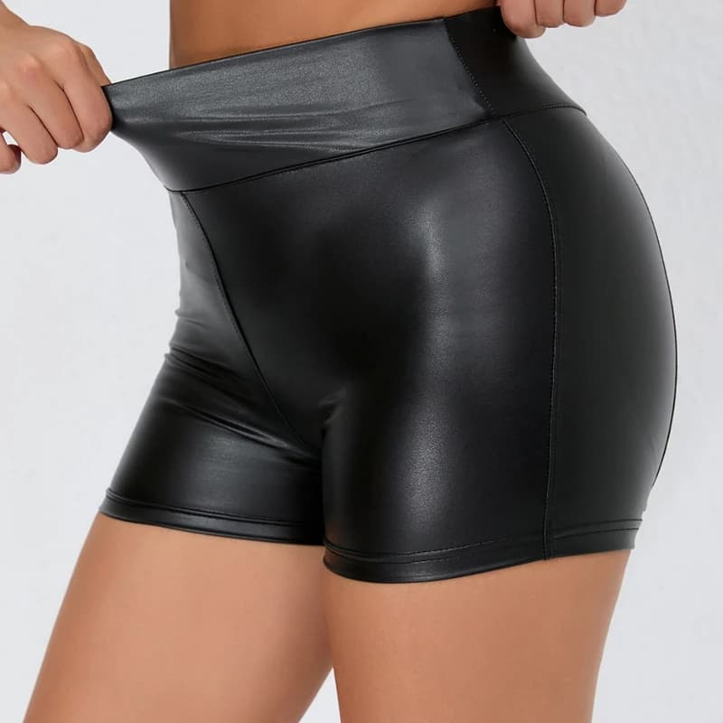 Shorts in Pelle da Donna a Vita Alta, Aderenti, Push-Up, Neri, Sportivi, Sexy e Slim