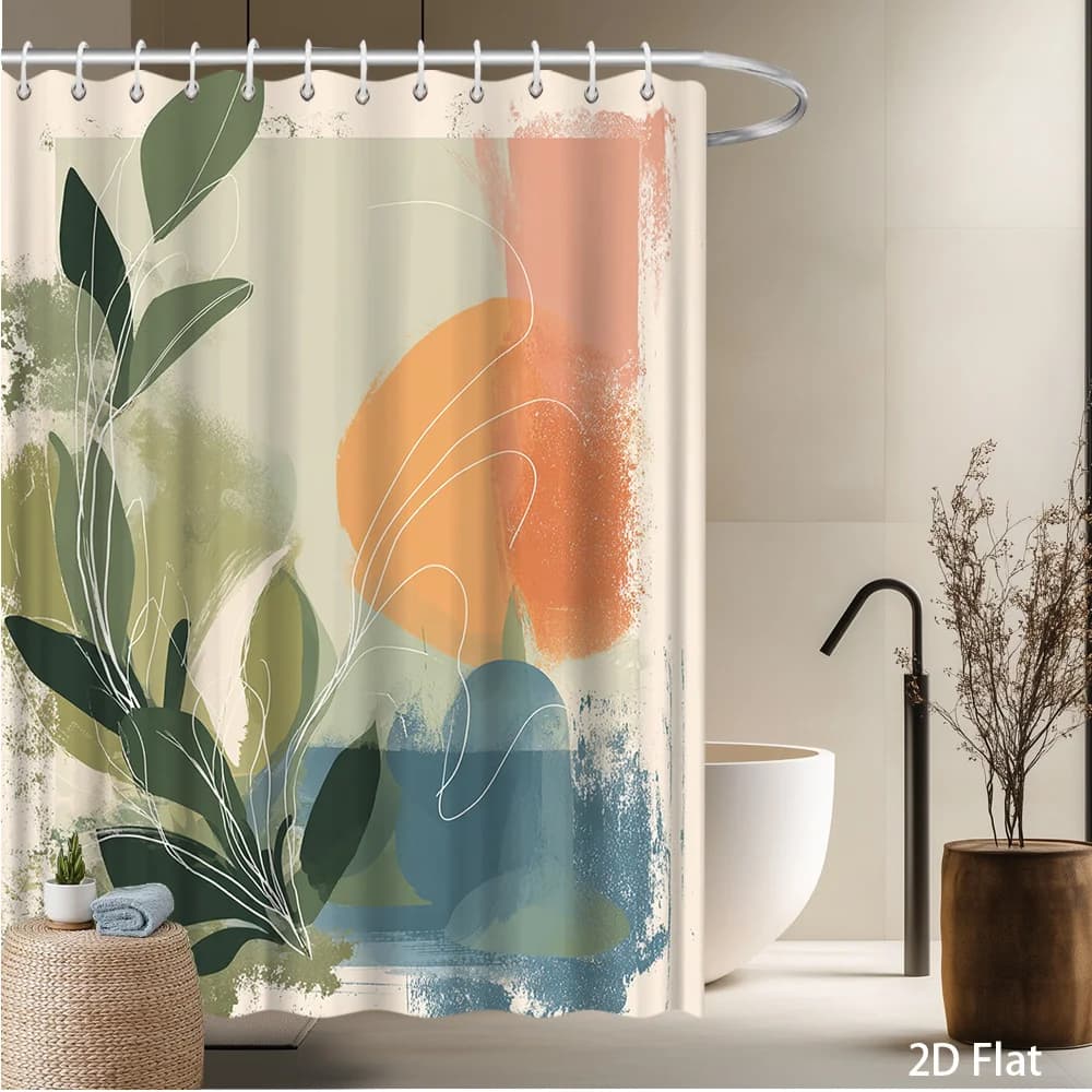 Tenda da doccia botanica astratta – Foglie e forme morbide in acquerello, design artistico moderno, piatto 2D, poliestere, include ganci