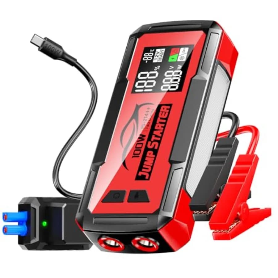 Avviatore di Emergenza con Cavo Integrato 16000A e Power Bank Portatile da 59.2Wh per Ricarica Rapida Bidirezionale 100W, Avviatore al Litio Super Sicuro 12V