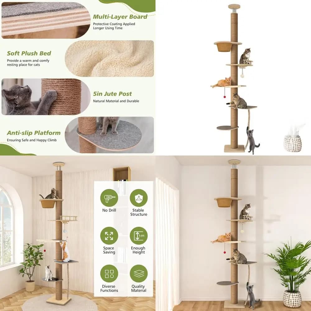 Torre per Gatti Regolabile a 5 Livelli: Altezza 82-120 cm, Piattaforme, Amaca, Tiragraffi, Cuccia, Giocattoli, Arredo Neutro