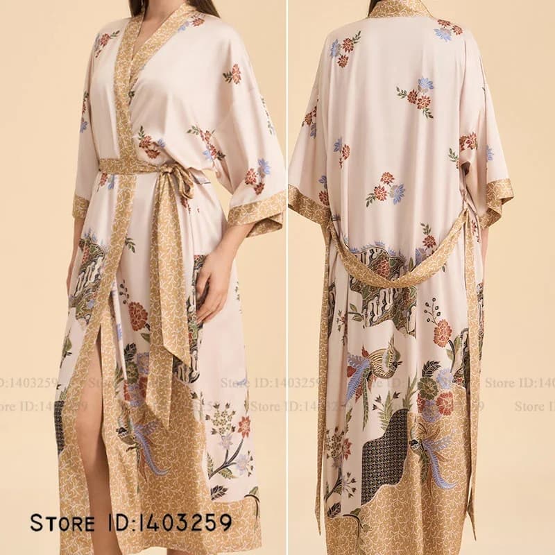 Primavera Autunno Nuove Donne Abito Lungo Abito Da Casa Mezza Manica Kimono Accappatoio Abito Allentato Raso di Seta Degli Indumenti Da Notte Salotto di Usura Pigiama