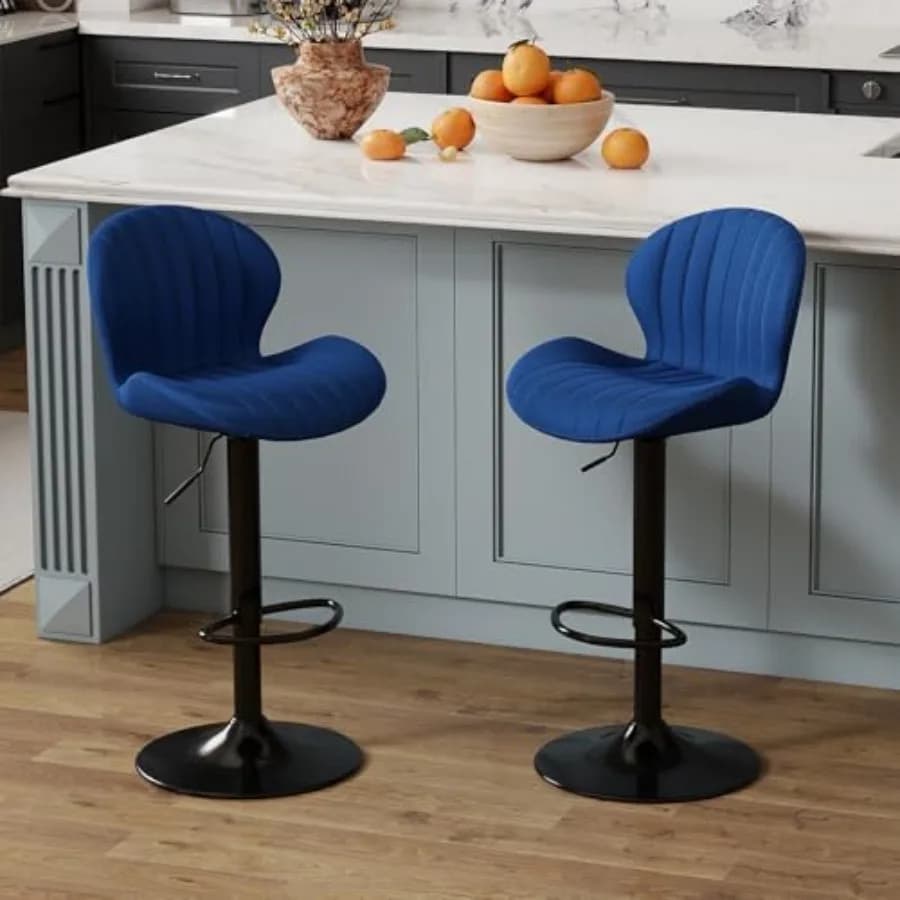 Sgabelli da Bar Moderni in Velluto, Regolabili in Altezza, Girevoli, Senza Braccioli con Schienale e Poggiapiedi, Blu Scuro