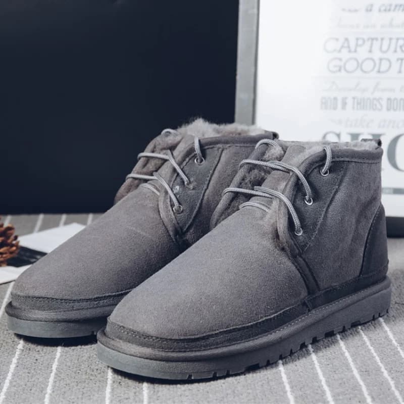 Stivali da Neve alla Moda con Lacci per Uomo in Vera Pelle di Pecora Stivali Invernali 100% Lana Naturale Stivaletti Caldi Scarpe Invernali