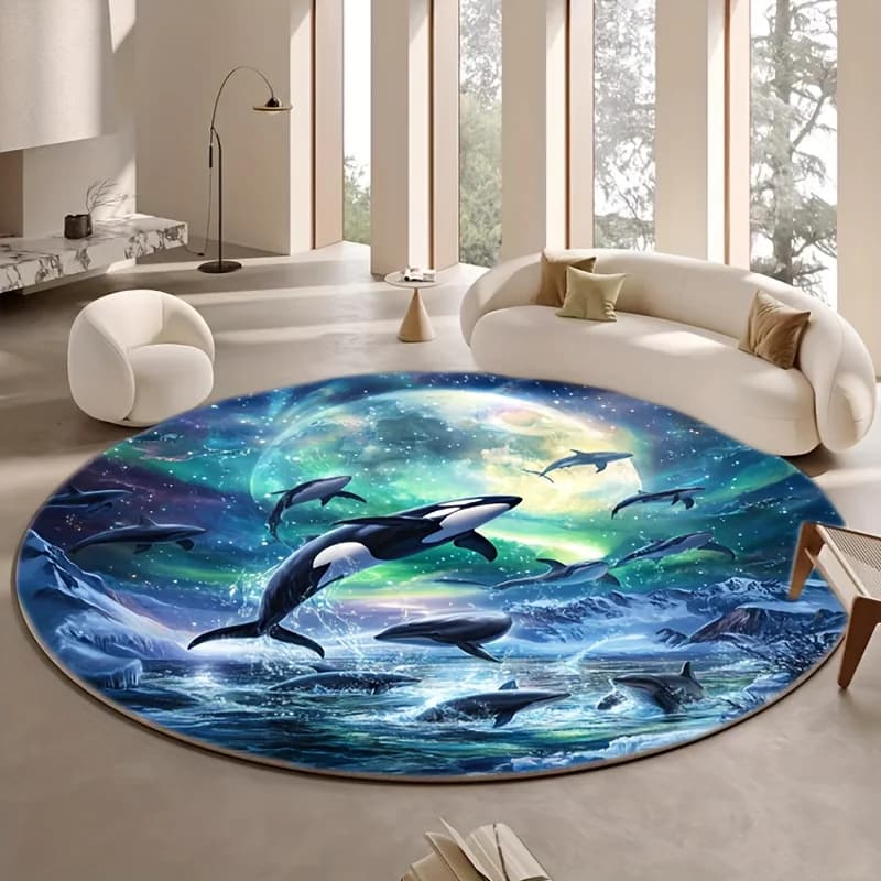 Whale Ocean Aurora round carpet in printed flannel, floor mat inspired by nature, home decoration, living room, bedroom, yoga, meditation