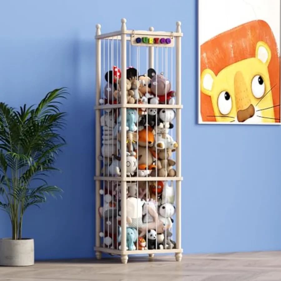 Organizzatore per Peluche in Legno da 145 cm con Insegna 3D, Supporto Verticale Grande in Pino Massiccio Rinforzato per Giocattoli e Peluche