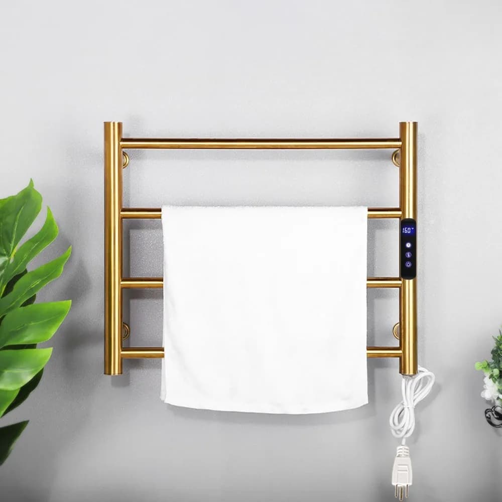 Scaldasalviette elettrico dorato con 4 barre, portasciugamani da bagno a parete con timer e controllo della temperatura