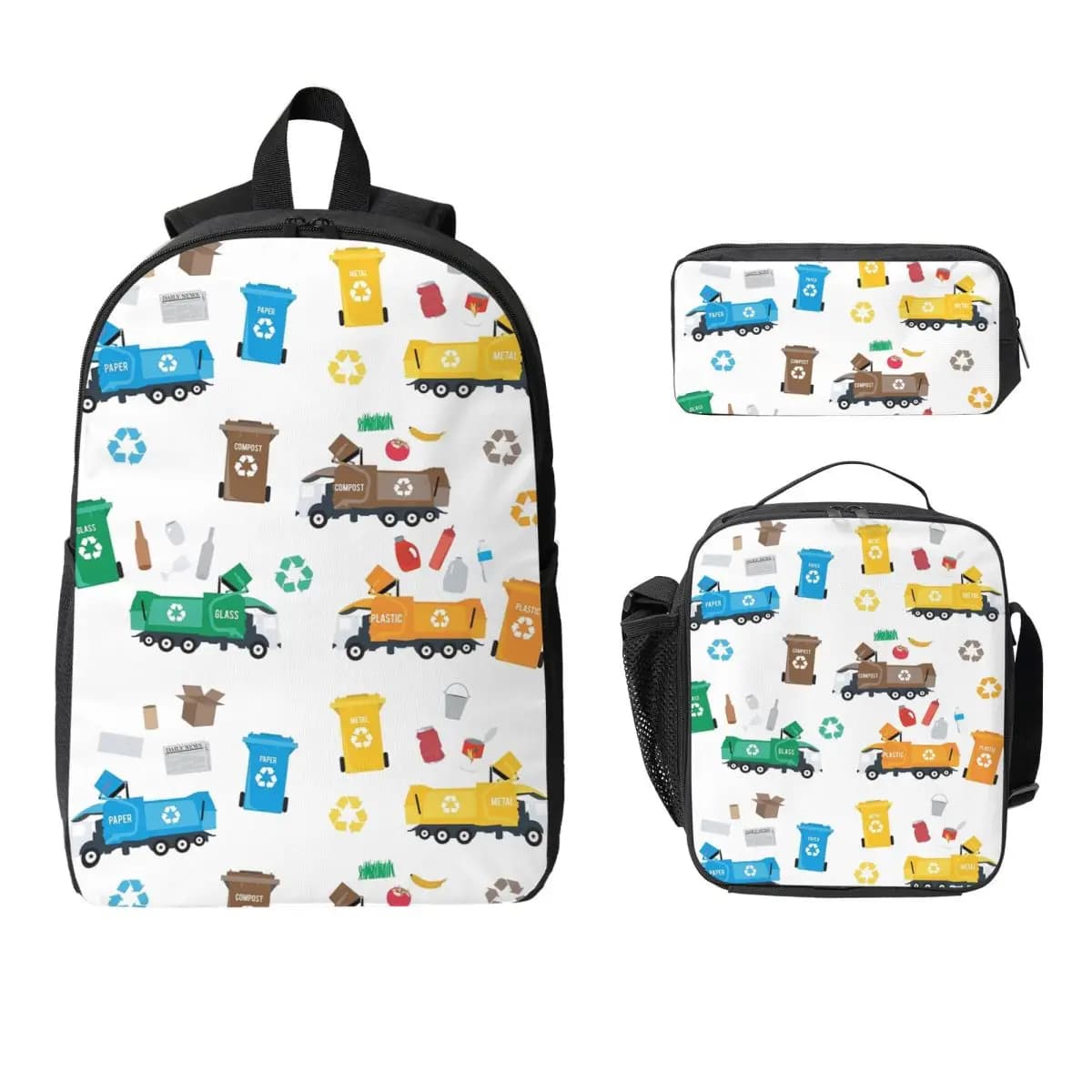 Colorato Riciclaggio di camion della spazzatura e contenitori Zaino Studente Ragazzi Ragazze BookBag Borsa da scuola Borsa da pranzo isolata 3ps Astuccio
