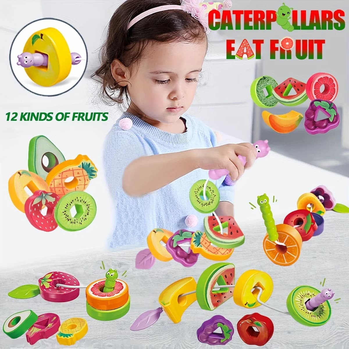 Giocattolo per bambini Caterpillar Eat Fruit Threading Toy 12 pezzi, giocattolo educativo Montessori con perline per infilare frutta, per abilità motorie fini