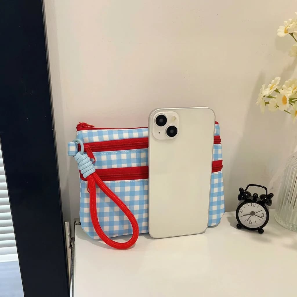 Portacarte in nylon con motivo a quadretti, custodia portatile per passaporto, portafoglio da viaggio con cerniera, facile da pulire, organizer per documenti di viaggio, per cosmetici