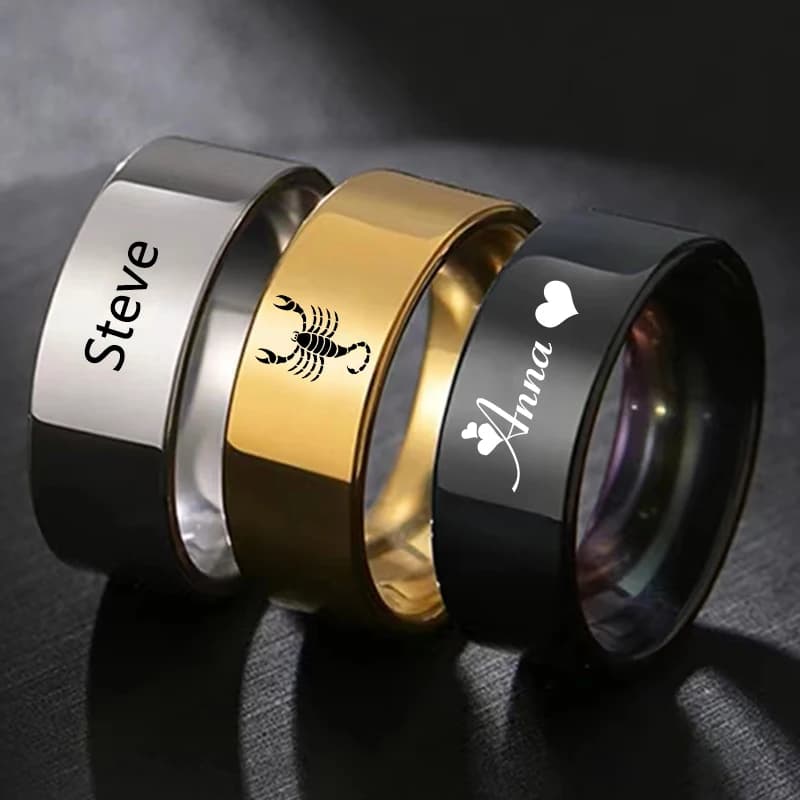 Anello personalizzato in acciaio inossidabile personalizzato liscio alla moda da 8 mm per donna uomo inciso personalizzato nome logo amante coppia gioielli regali