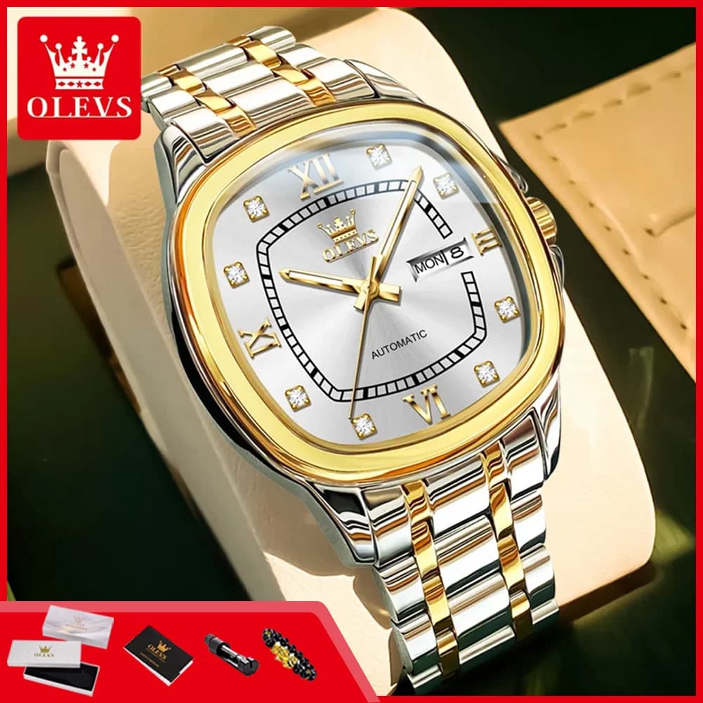 OLEVS 9810 Orologio Automatico Originale da Uomo, Lussuoso in Acciaio Inossidabile, Impermeabile, con Doppio Calendario e Luminoso, Orologio Meccanico da Polso per Uomini