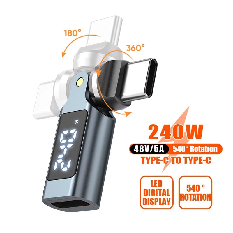 Adattatore PD240W con rotazione a 540°, display digitale OTG, ricarica rapida 5A, convertitore USB-C a Type-C da maschio a femmina per iPhone 17 Samsung