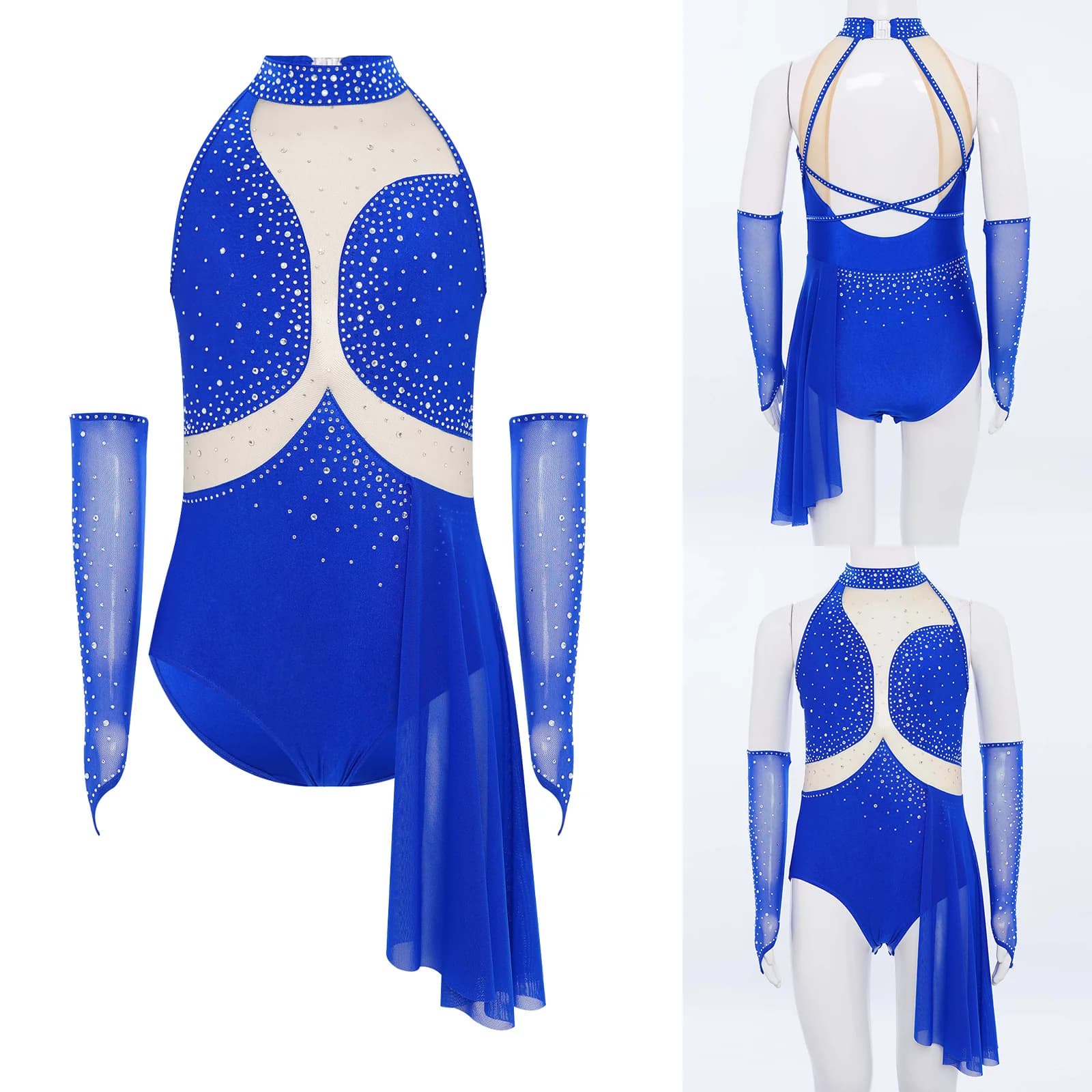 Set di danza lirica per ragazze, balletto, pattinaggio di figura, costume, ritaglio sul retro, strass, gonna asimmetrica in rete trasparente, body con guanti