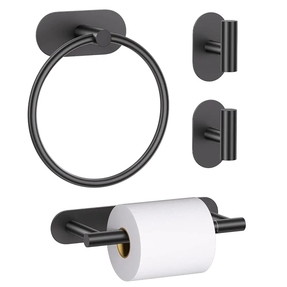 Spedizione Gratuita - Porta Carta Igienica e Porta Asciugamani Autoadesivo Nero Opaco per Parete del Bagno, Set di Accessori per Bagno Senza Foratura, S
