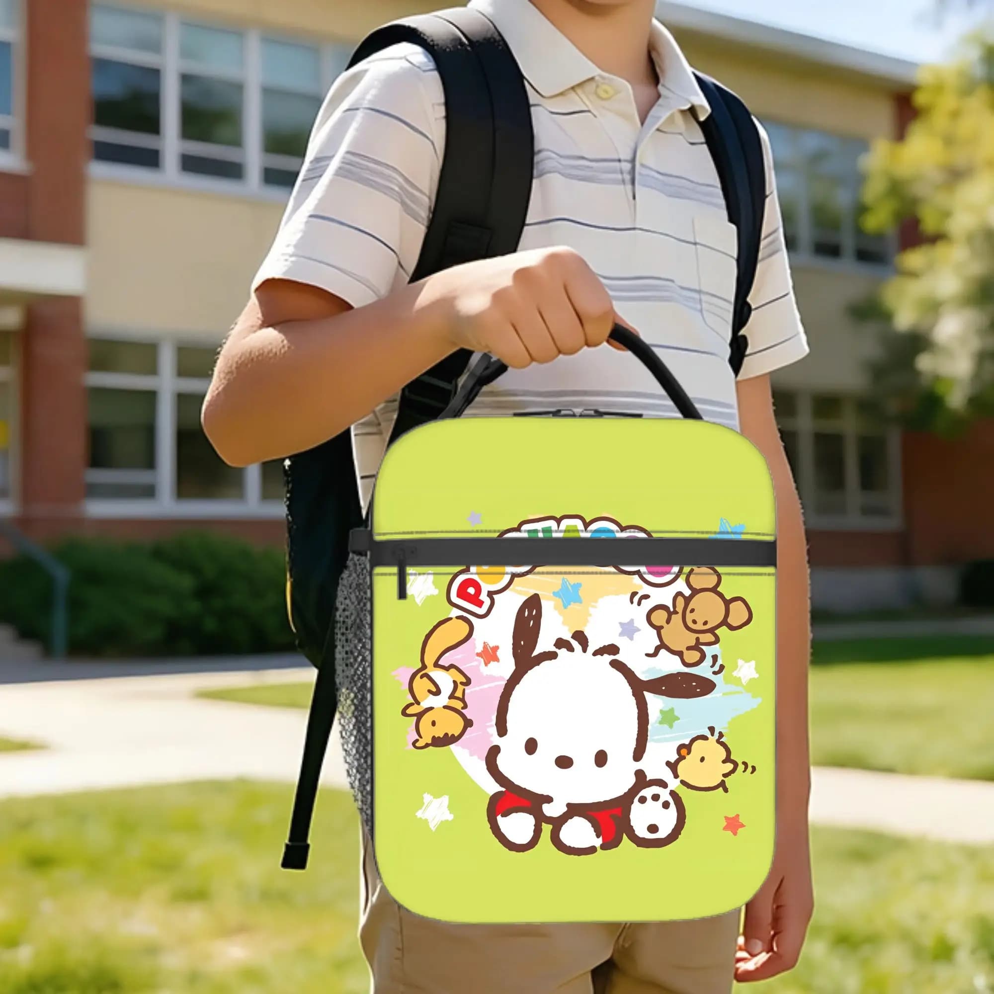 Borsa termica per il pranzo Pochacco, borsa termica riutilizzabile, contenitore per il pranzo, borsa portatile per il pranzo con cane dei cartoni animati, custodia Bento