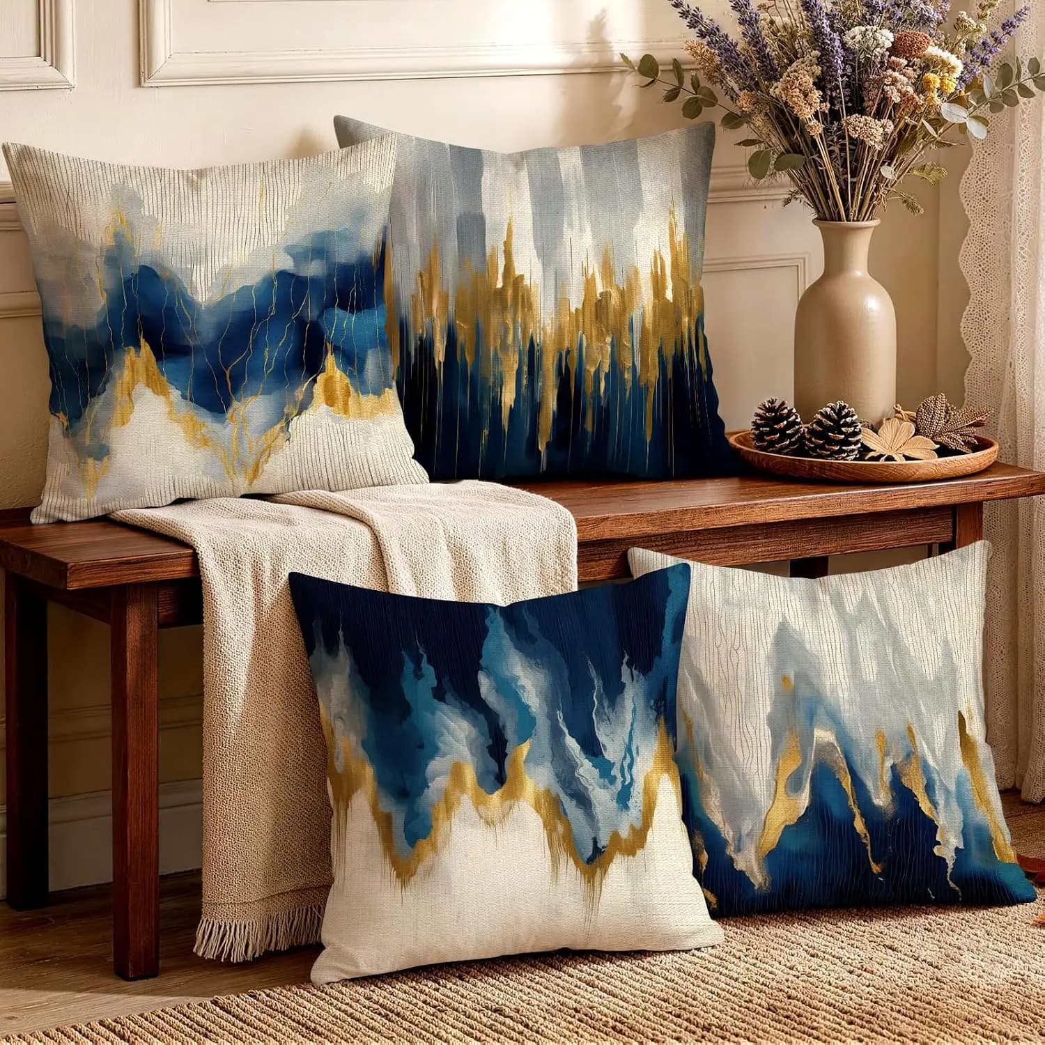 Abstract Blue Gold Throw Pillows Cushion Cover Set 4PC Decorative Home Decor Polyester Accent Pillows Living Room Sofa Bedroom
