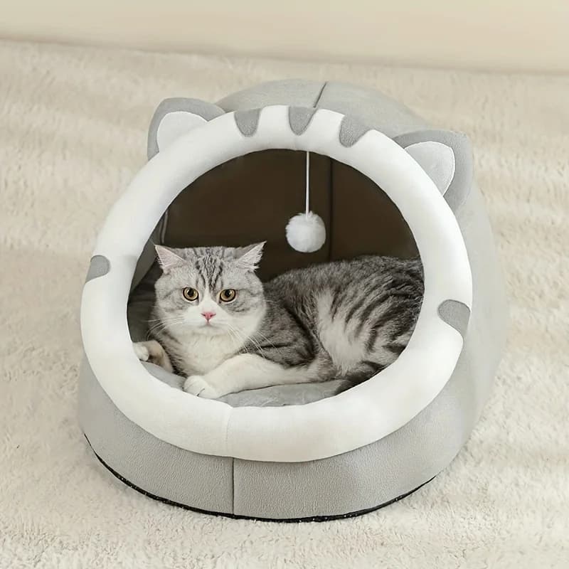 Four Season Cartoon Cat Ear Cat Bed Cave Mat Soft Warm Plush Pet Nest with Pom Pom Toy for Indoor Cats Small Dogs