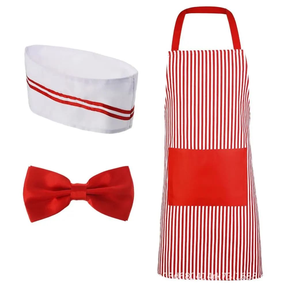 Carnivals Circus Waiter Cosplay Red and White Stripe Theme Party Chef Costume Apron with Hat Roleplay Kitchen Uniforms Dress Up