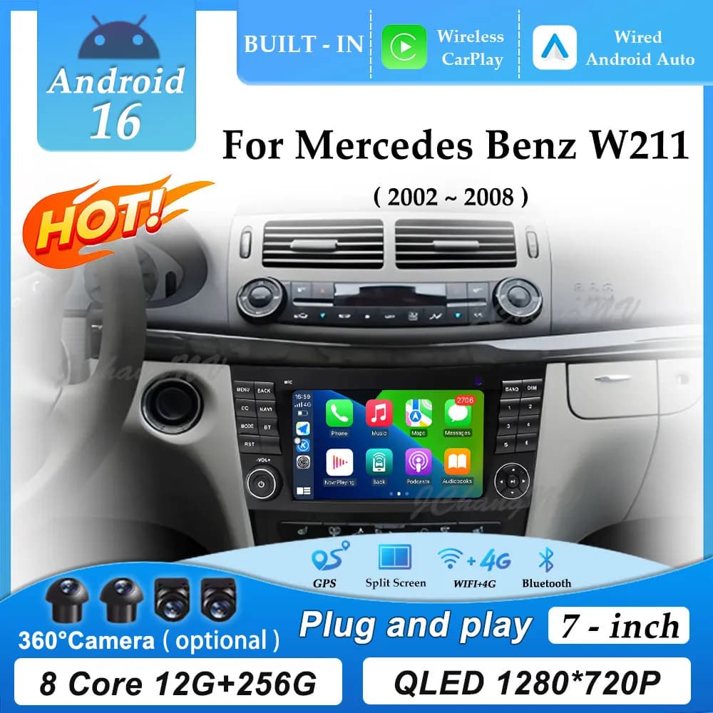 GPS Navigation Android 16 for Mercedes Benz W211 2002 - 2008 Carplay Auto 7 inch 4G Wifi Car Radio Multimedia Player Video DSP